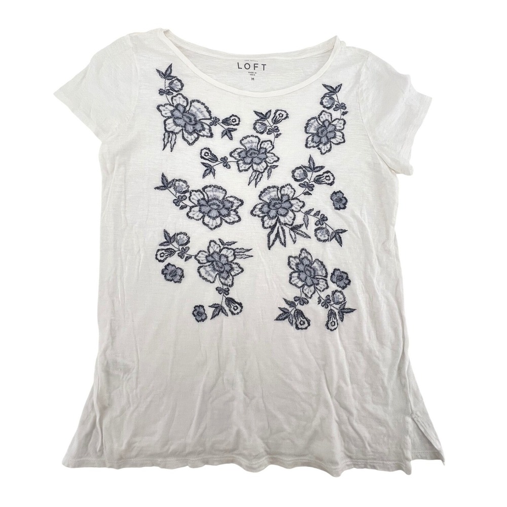Ann Taylor LOFT Womens White Blue Floral Embroidered Slub Knit‎ T-Shirt Size M